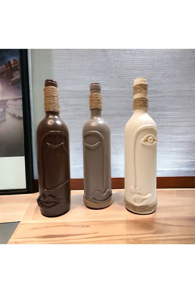 El Boyaması Cam Şarap Şişesi Dekorasyonları 3'lü Set, Soyut Yüz Desenli Kahverengi Dekoratif Şişeler