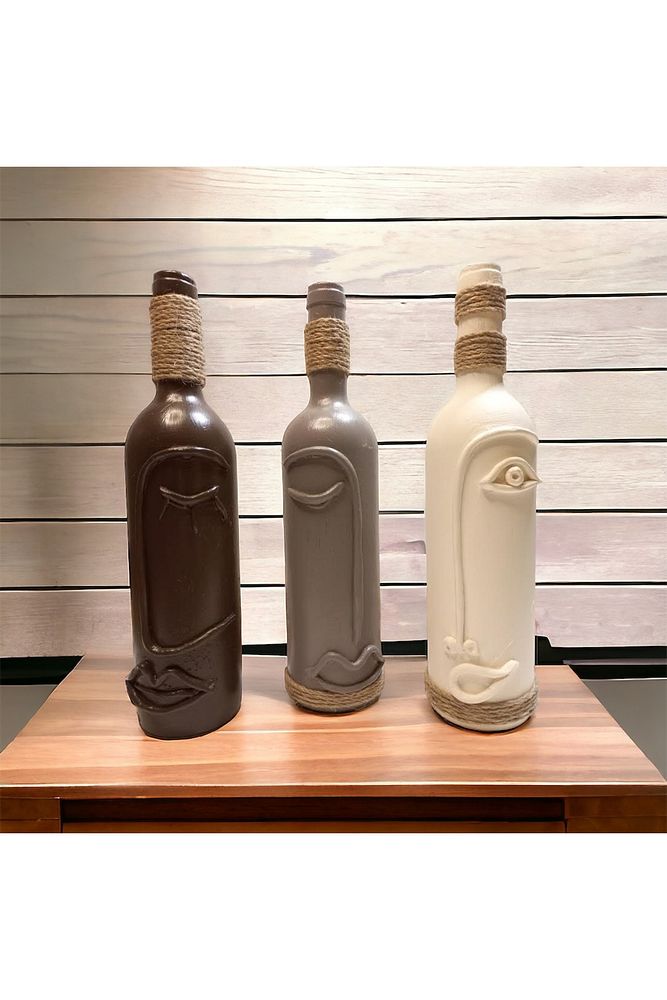 El Boyaması Cam Şarap Şişesi Dekorasyonları 3'lü Set, Soyut Yüz Desenli Kahverengi Dekoratif Şişeler