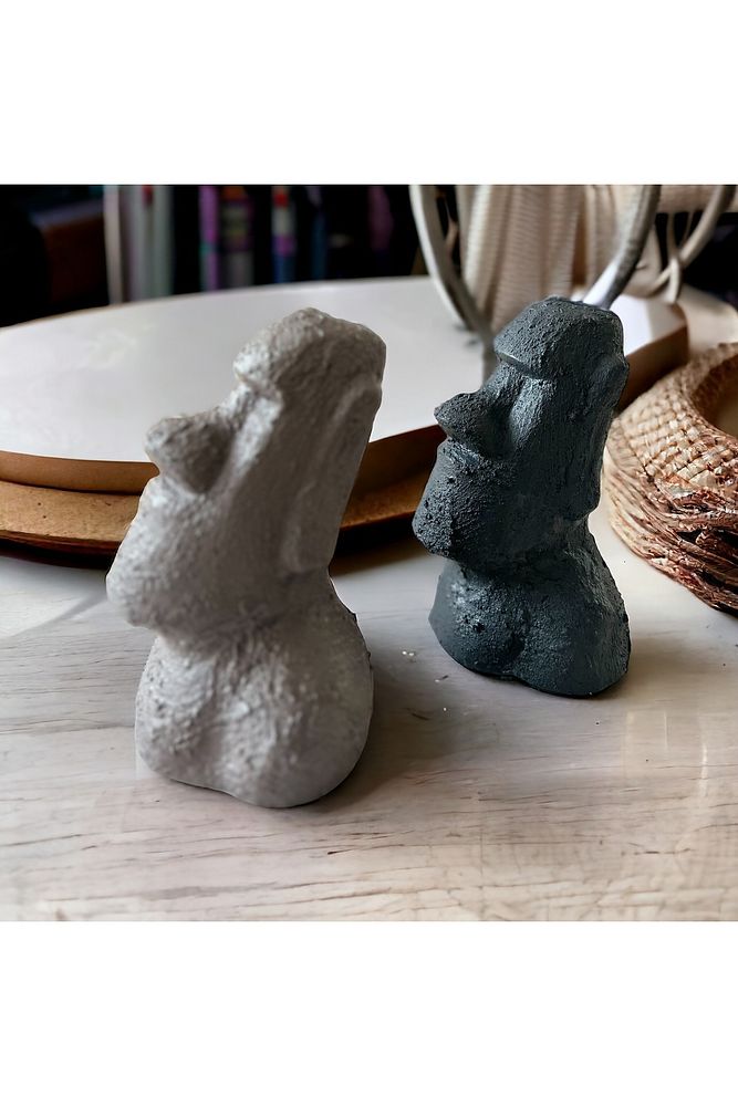 El Yapımı Beton Moai Paskalya Adası Dekoratif Heykel Hediyelik Biblo Ev Tasarım Dekoru 2 Li Set