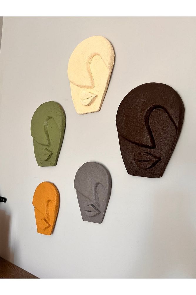 Soyut Tasarım El Yapımı Duvar Dekoru Taş Maske 5'li Set, Dekoratif Maske, 3d Duvar Sanatı