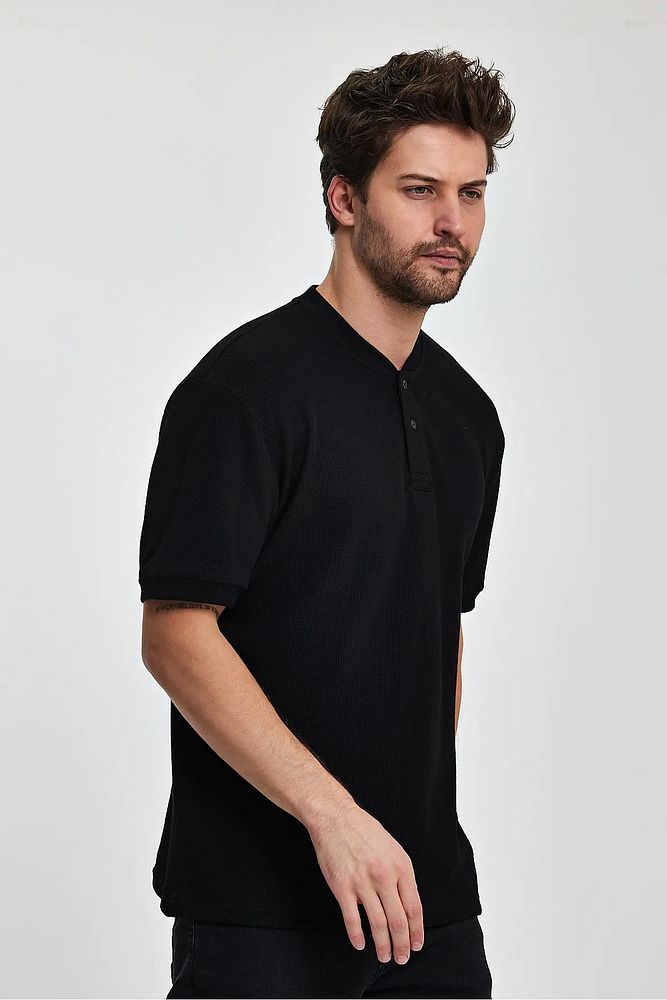 Rodi Jeans Erkek Önü Düğmeli Bisiklet Yaka Relaxed Fit Petek Dokuma T-shirt