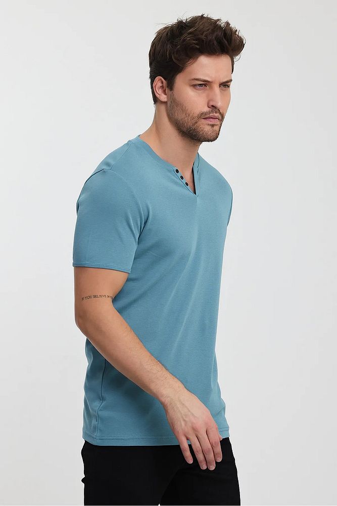 Erkek Rahat Kalıp Patlı Düğmeli Likralı Bisiklet Yaka Pamuklu T-shirt