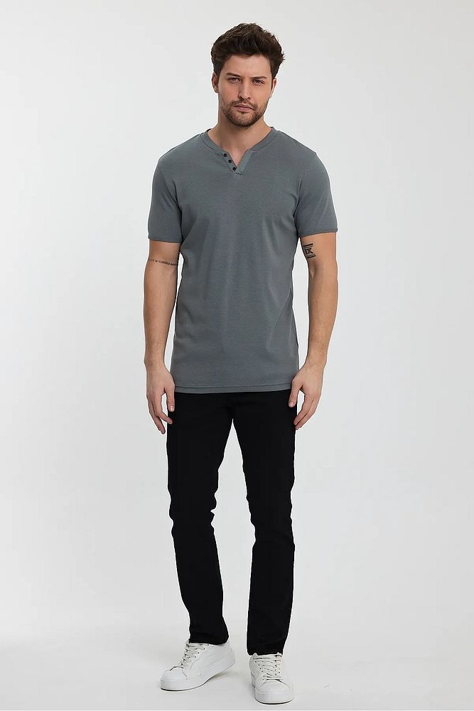 Erkek Rahat Kalıp Patlı Düğmeli Likralı Bisiklet Yaka Pamuklu T-shirt