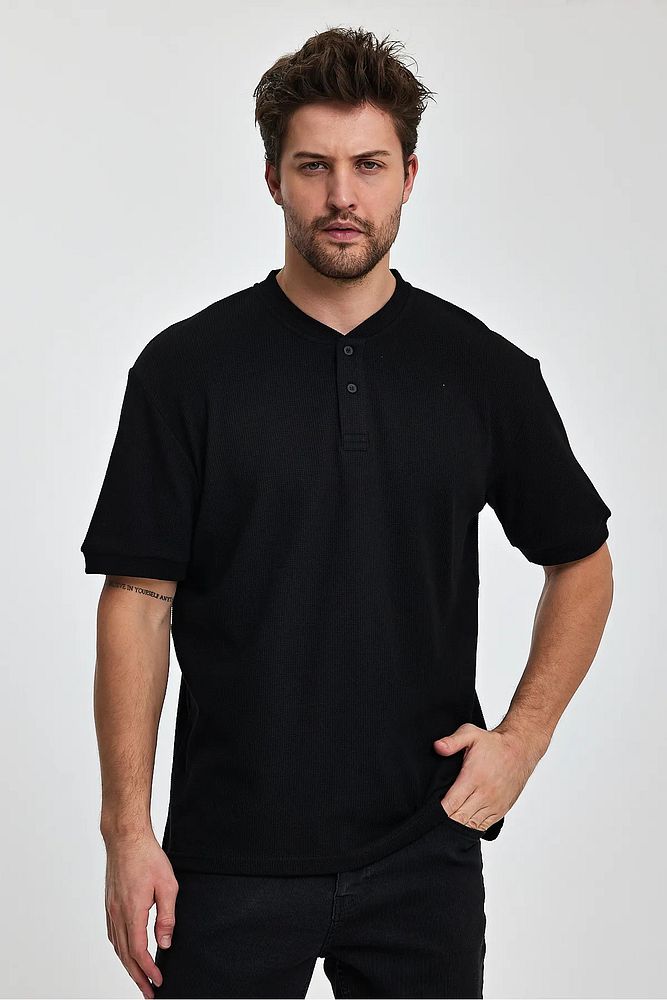 Rodi Jeans Erkek Önü Düğmeli Bisiklet Yaka Relaxed Fit Petek Dokuma T-shirt