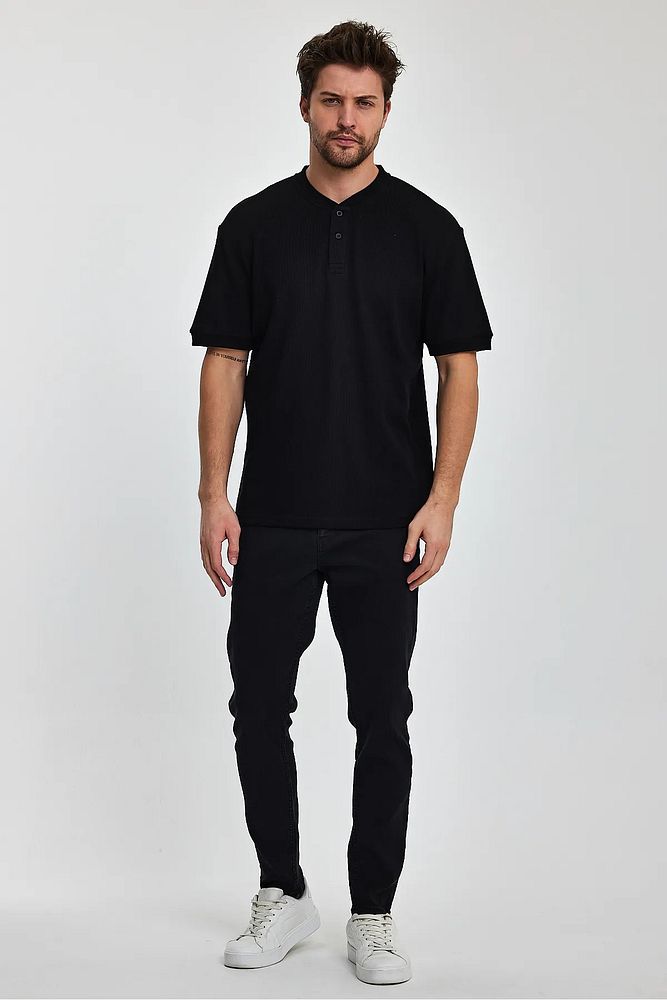 Rodi Jeans Erkek Önü Düğmeli Bisiklet Yaka Relaxed Fit Petek Dokuma T-shirt