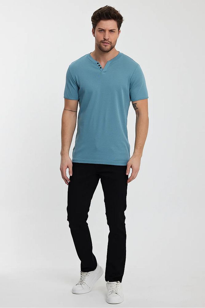 Erkek Rahat Kalıp Patlı Düğmeli Likralı Bisiklet Yaka Pamuklu T-shirt
