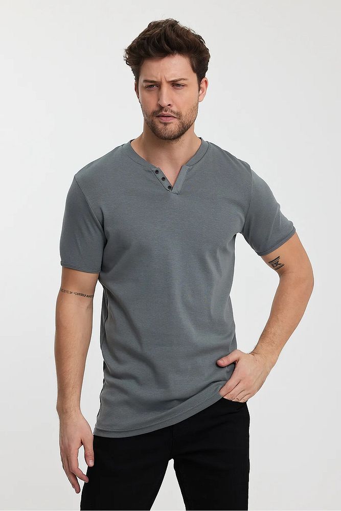Erkek Rahat Kalıp Patlı Düğmeli Likralı Bisiklet Yaka Pamuklu T-shirt