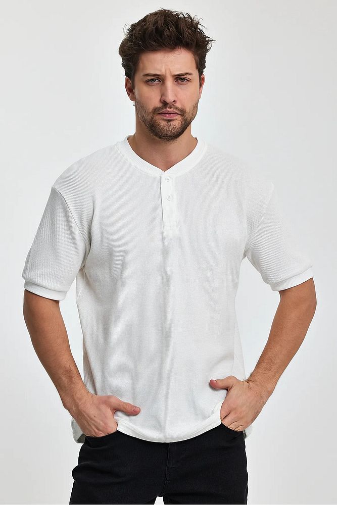 Rodi Jeans Erkek Önü Düğmeli Bisiklet Yaka Relaxed Fit Petek Dokuma T-shirt