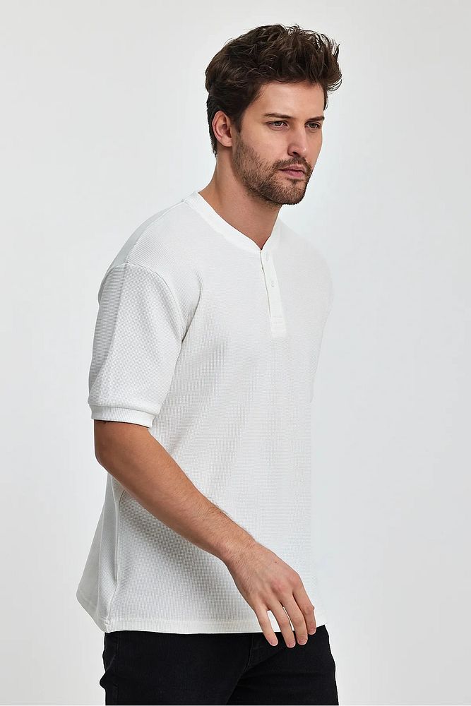 Rodi Jeans Erkek Önü Düğmeli Bisiklet Yaka Relaxed Fit Petek Dokuma T-shirt