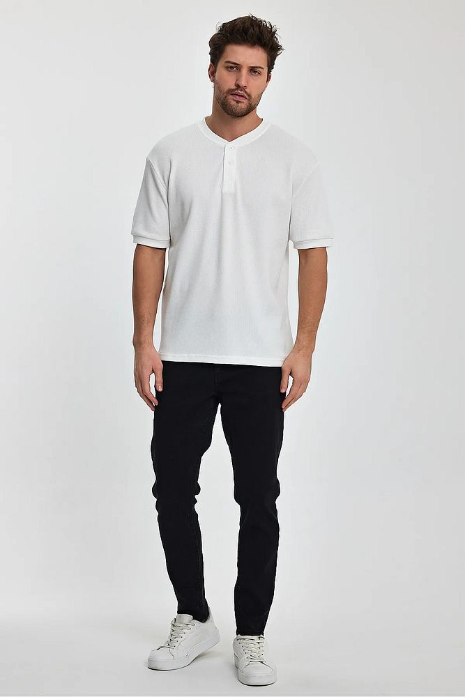 Rodi Jeans Erkek Önü Düğmeli Bisiklet Yaka Relaxed Fit Petek Dokuma T-shirt