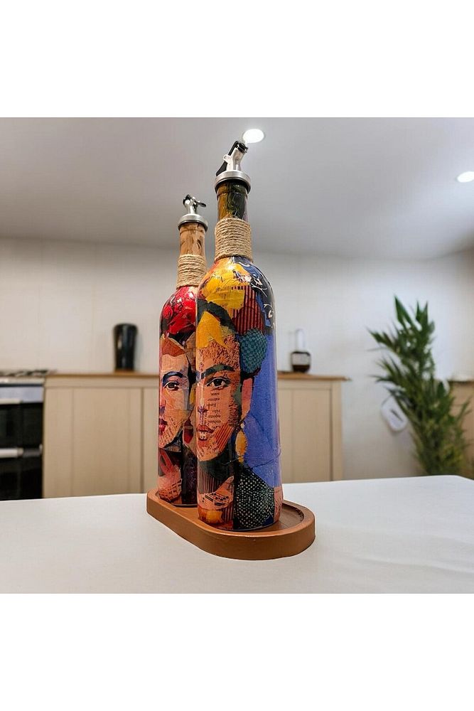 Renkli Kadın Desenli 750 ml Zeytinyağı Sıvıyağ Şişesi Yağdanlık Yağlık Sirkelik Sosluk 2'li Set