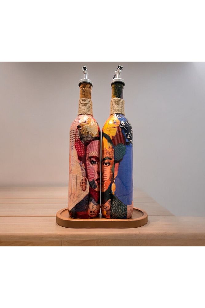 Renkli Kadın Desenli 750 ml Zeytinyağı Sıvıyağ Şişesi Yağdanlık Yağlık Sirkelik Sosluk 2'li Set