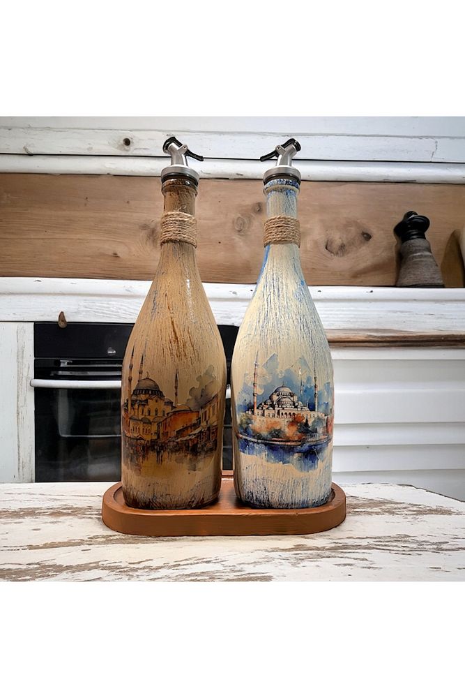 İstanbul Ayasofya Desenli Sunum Stantlı 2'li 750 ml Zeytinyağı Sıvıyağ Şişesi Yağdanlık Yağlık
