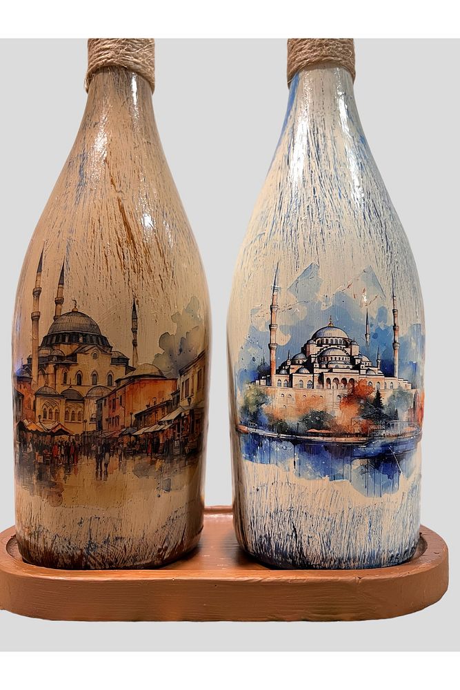 İstanbul Ayasofya Desenli Sunum Stantlı 2'li 750 ml Zeytinyağı Sıvıyağ Şişesi Yağdanlık Yağlık