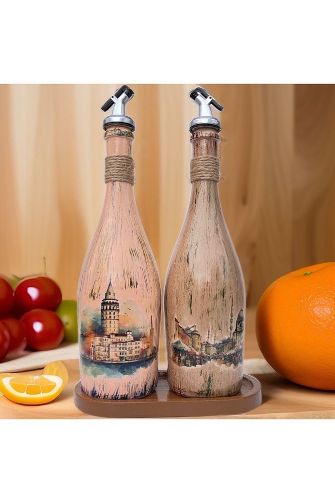 İstanbul Manzarası Desenli Sunum Stantlı 2'li 750 ml Zeytinyağı Sıvıyağ Şişesi Yağdanlık Yağlık