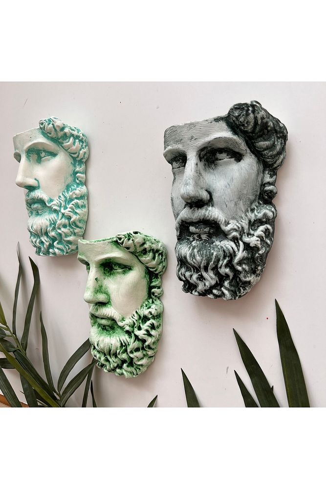 Antik Eskitme Dekoratif  Poseidon Beton Biblo Heykel 3'lü Set Ev Dekor Duvar Dekoru
