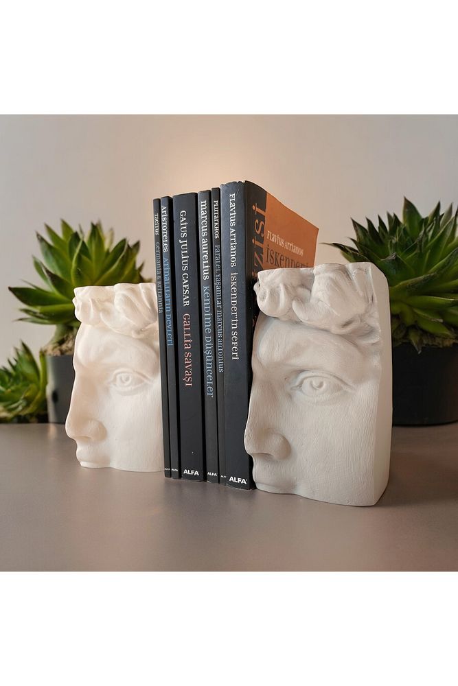 Dekoratif Beton Antik Yüz Gri Siyah Bej Heykel Biblo 3 Lü Set Masa Üstü Aksesuar Kitap Tutucu Dekor