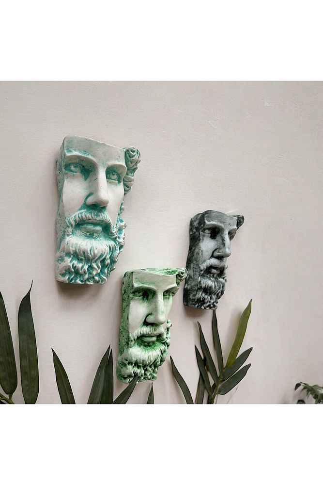 Antik Eskitme Dekoratif  Poseidon Beton Biblo Heykel 3'lü Set Ev Dekor Duvar Dekoru