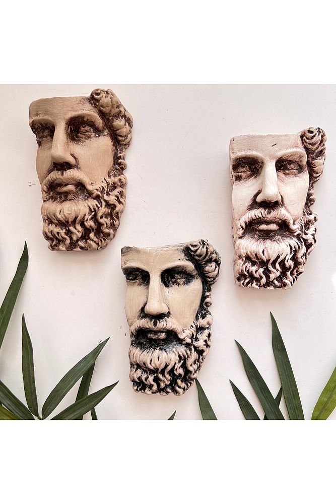 Antik Eskitme Dekoratif  Poseidon Beton Biblo Heykel 3'lü Set Ev Dekor Duvar Dekoru