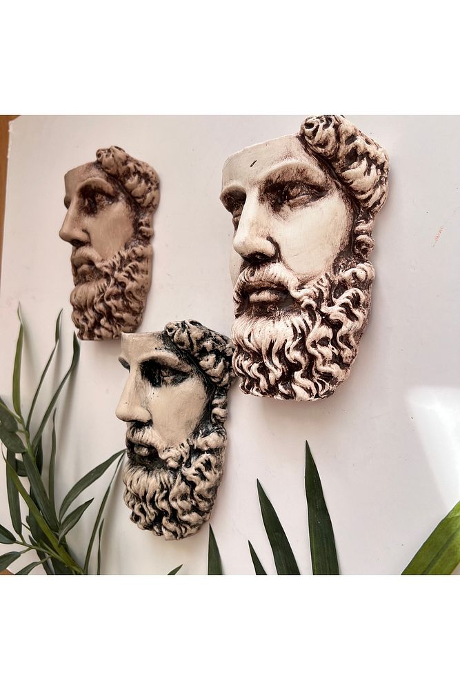 Antik Eskitme Dekoratif  Poseidon Beton Biblo Heykel 3'lü Set Ev Dekor Duvar Dekoru