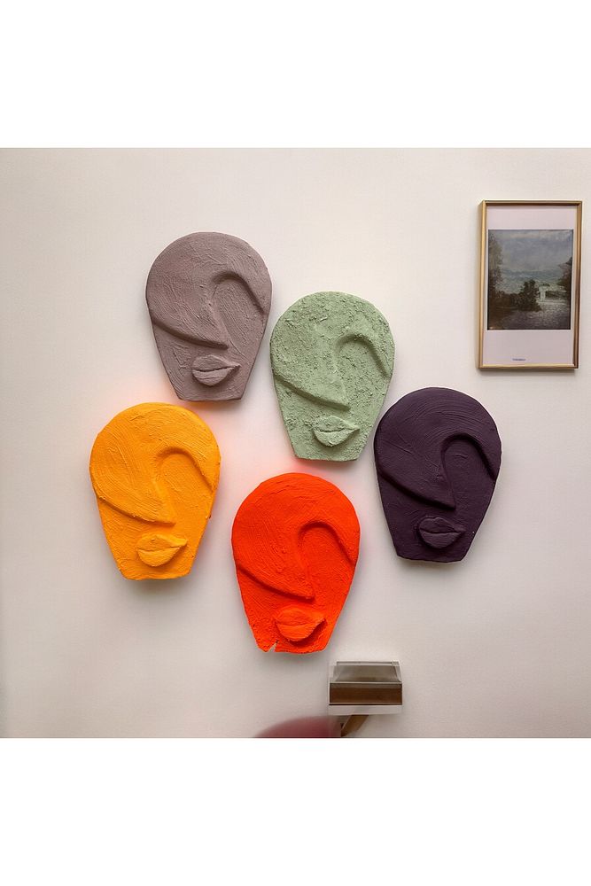 Soyut Tasarım El Yapımı Duvar Dekoru Renkli Taş Maske BÜYÜK 5'li Set, Dekor Mask, 3D Duvar Heykeli