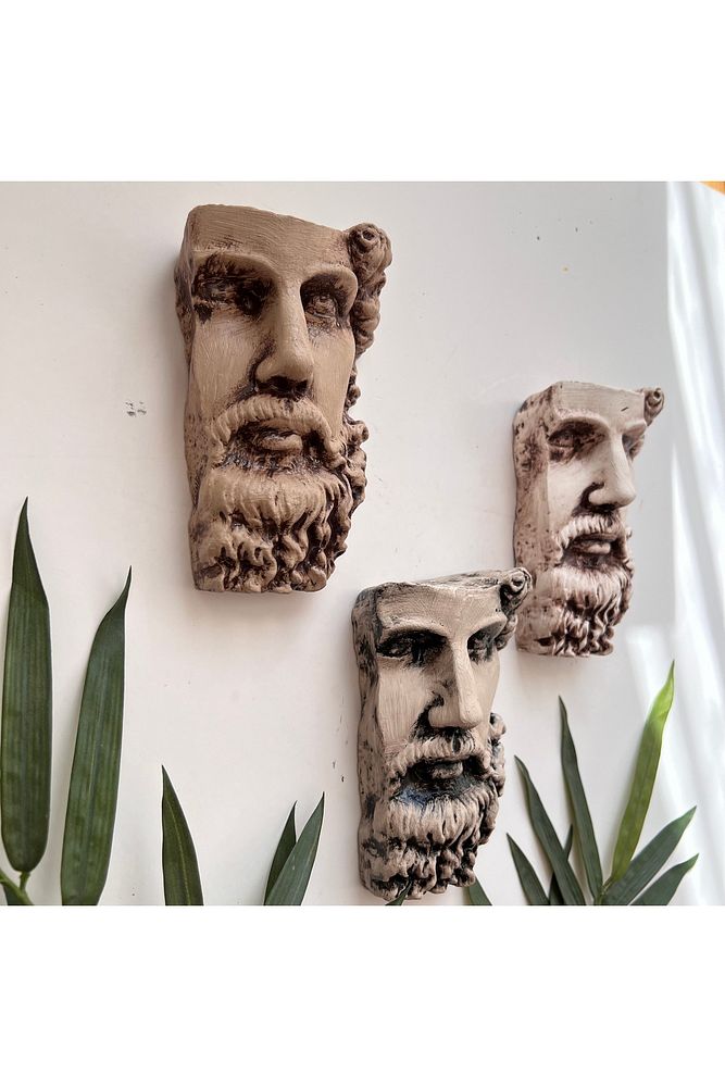 Antik Eskitme Dekoratif  Poseidon Beton Biblo Heykel 3'lü Set Ev Dekor Duvar Dekoru