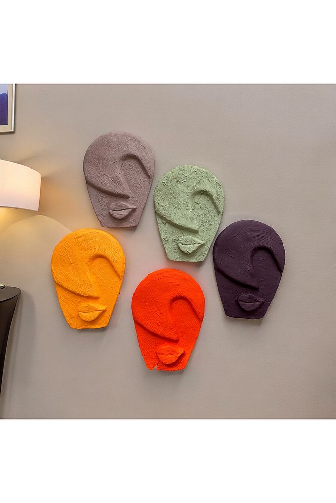 Soyut Tasarım El Yapımı Duvar Dekoru Renkli Taş Maske BÜYÜK 5'li Set, Dekor Mask, 3D Duvar Heykeli