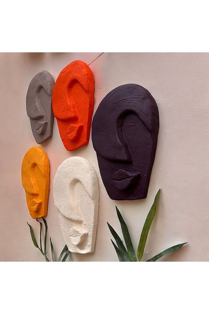 Soyut Tasarım El Yapımı Duvar Dekoru Renkli Taş Maske BÜYÜK 5'li Set, Dekor Mask, 3D Duvar Heykeli