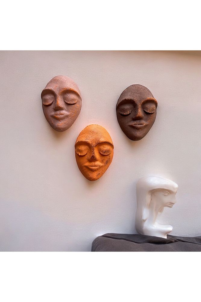 El Yapımı Yüz Heykeli Taş Duvar Dekoru 3'li Set, Modern Tasarım, Eskitme Taş Görünümlü Duvar Mask