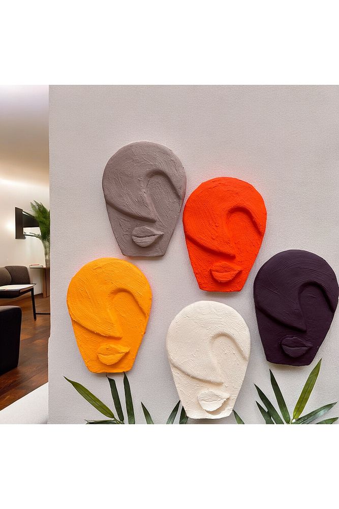 Soyut Tasarım El Yapımı Duvar Dekoru Renkli Taş Maske BÜYÜK 5'li Set, Dekor Mask, 3D Duvar Heykeli