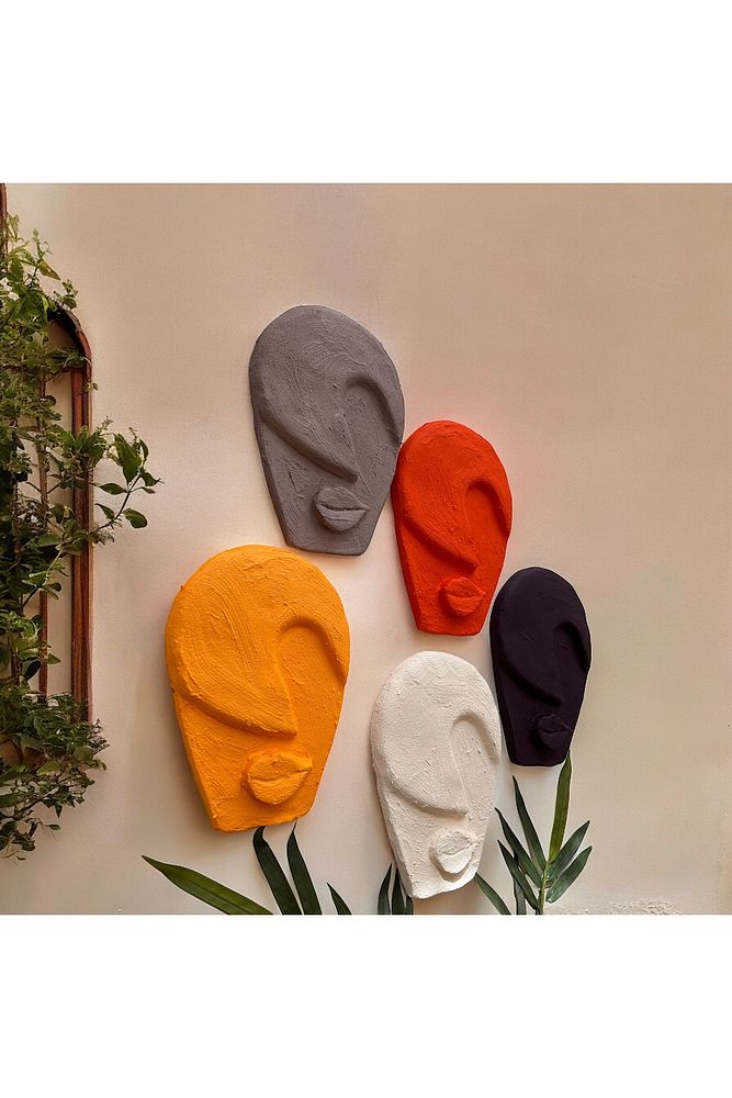 Soyut Tasarım El Yapımı Duvar Dekoru Renkli Taş Maske BÜYÜK 5'li Set, Dekor Mask, 3D Duvar Heykeli