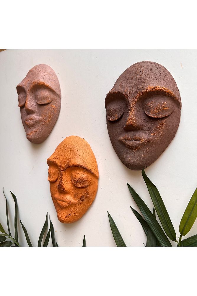 El Yapımı Yüz Heykeli Taş Duvar Dekoru 3'li Set, Modern Tasarım, Eskitme Taş Görünümlü Duvar Mask