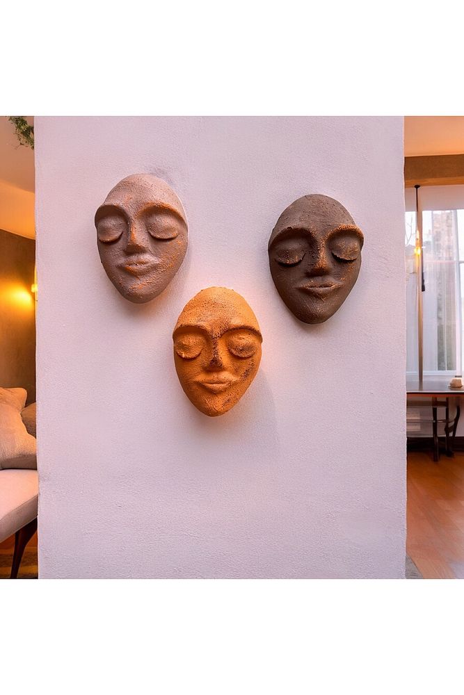 El Yapımı Yüz Heykeli Taş Duvar Dekoru 3'li Set, Modern Tasarım, Eskitme Taş Görünümlü Duvar Mask