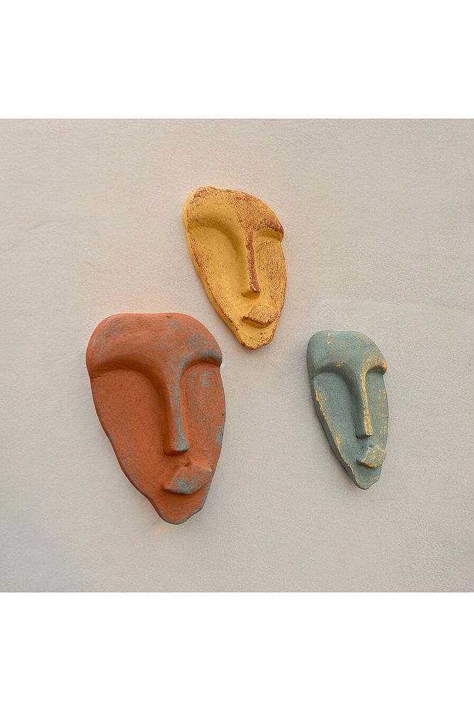 El Yapımı Taş Heykel Soyut Yüz Maske 3'li Set, Modern beton, eskitme taş görünümlü duvar dekor