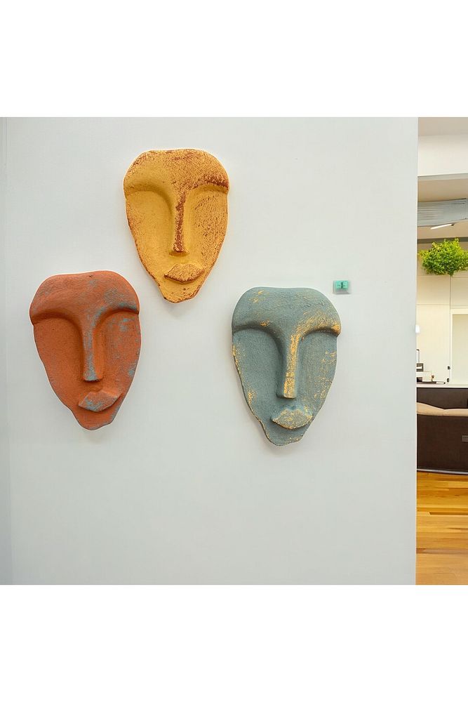 El Yapımı Taş Heykel Soyut Yüz Maske 3'li Set, Modern beton, eskitme taş görünümlü duvar dekor