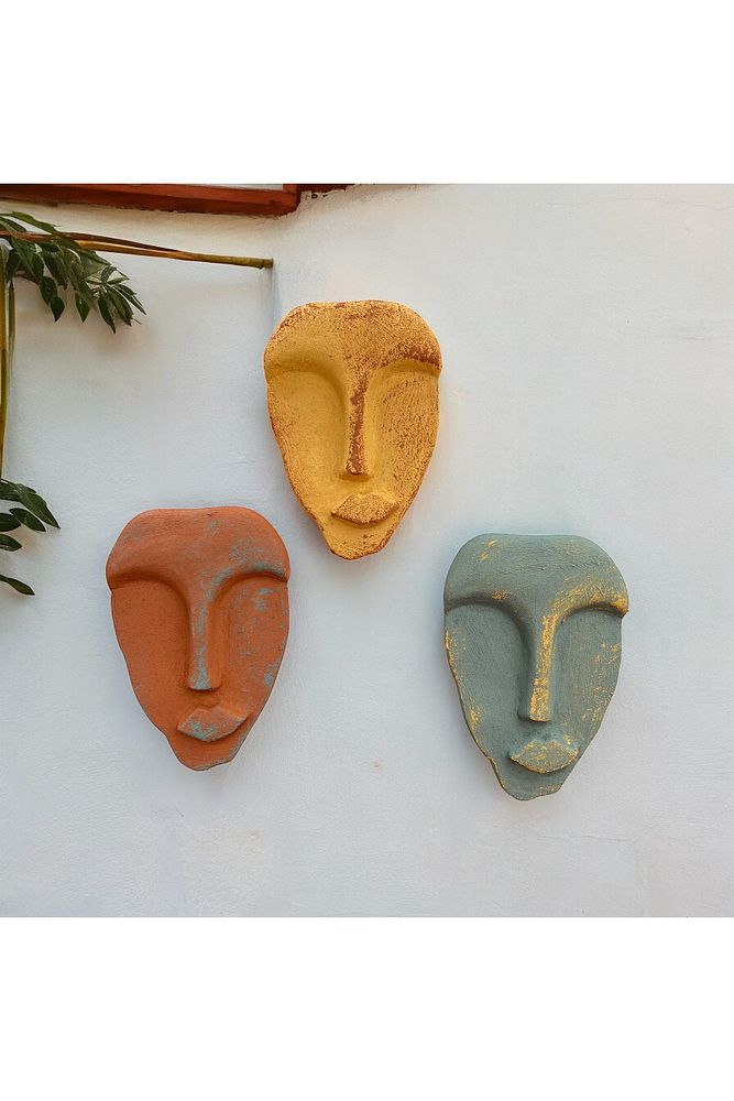 El Yapımı Taş Heykel Soyut Yüz Maske 3'li Set, Modern beton, eskitme taş görünümlü duvar dekor