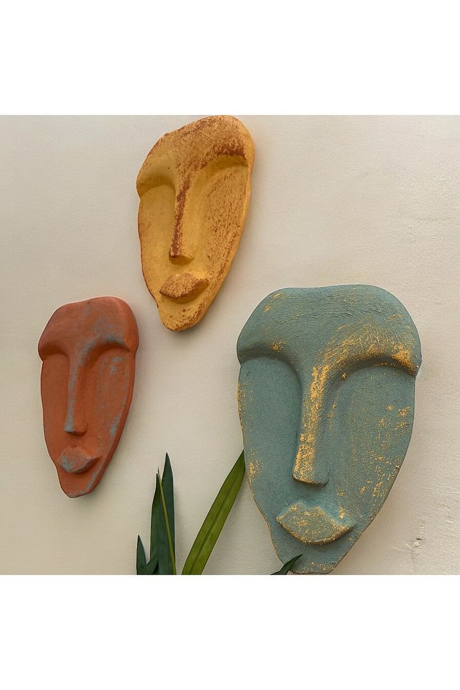 El Yapımı Taş Heykel Soyut Yüz Maske 3'li Set, Modern beton, eskitme taş görünümlü duvar dekor