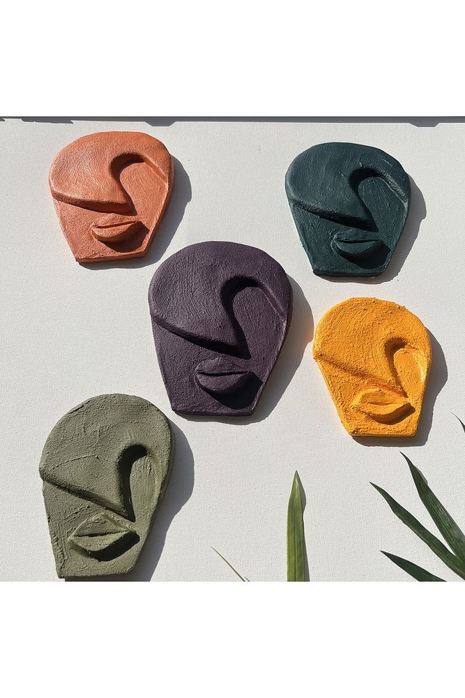 Soyut Tasarım El Yapımı Duvar Dekoru Rankli Taş Maske 5'li Set, Dekoratif Maske, 3D Duvar Heykeli