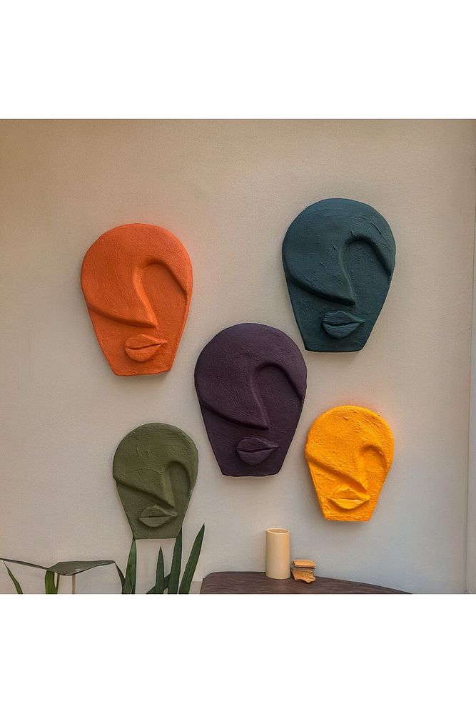 Soyut Tasarım El Yapımı Duvar Dekoru Rankli Taş Maske 5'li Set, Dekoratif Maske, 3D Duvar Heykeli