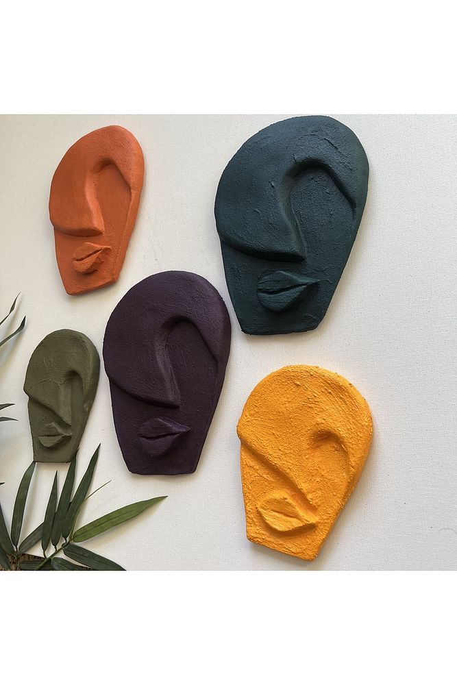 Soyut Tasarım El Yapımı Duvar Dekoru Rankli Taş Maske 5'li Set, Dekoratif Maske, 3D Duvar Heykeli