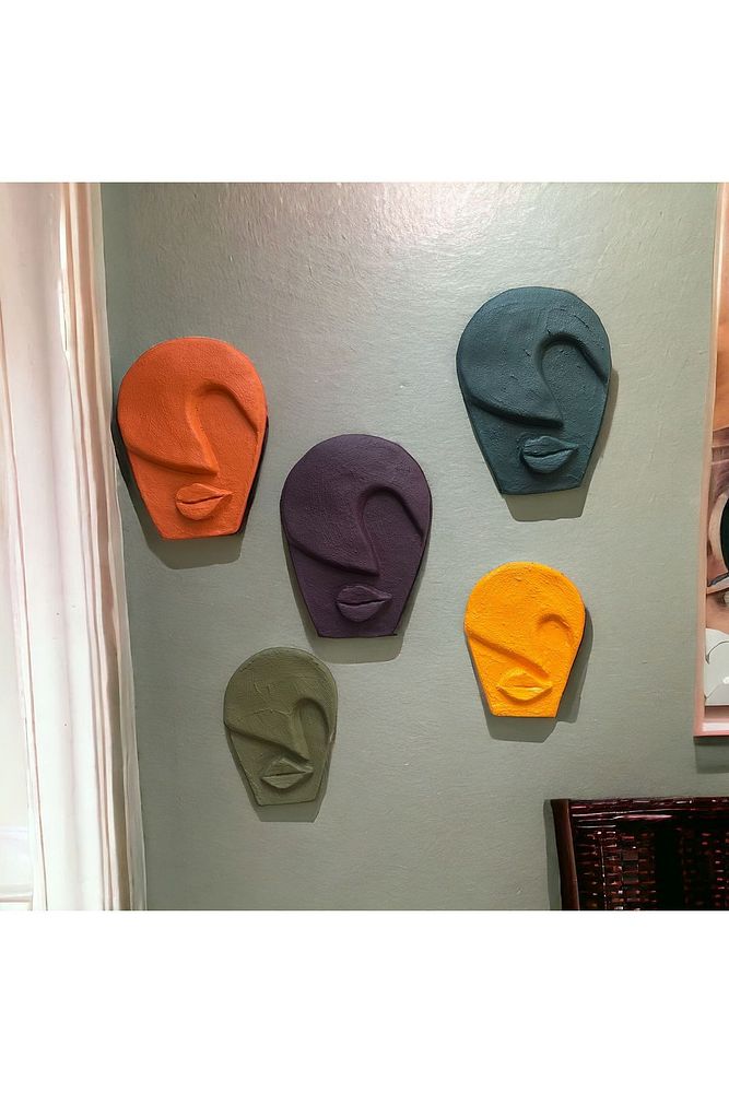 Soyut Tasarım El Yapımı Duvar Dekoru Rankli Taş Maske 5'li Set, Dekoratif Maske, 3D Duvar Heykeli