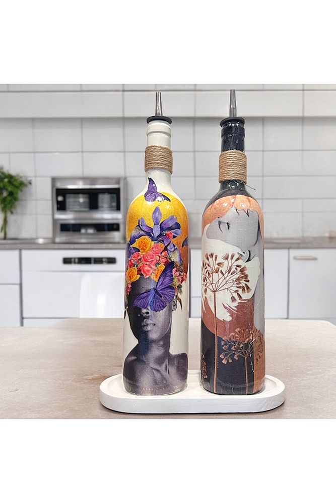 Renkli Kadın Tasarımlı 750 ml Zeytinyağı Sıvıyağ Şişesi Yağdanlık Yağlık Sirkelik Sosluk 2'li Set