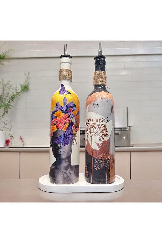 Renkli Kadın Tasarımlı 750 ml Zeytinyağı Sıvıyağ Şişesi Yağdanlık Yağlık Sirkelik Sosluk 2'li Set