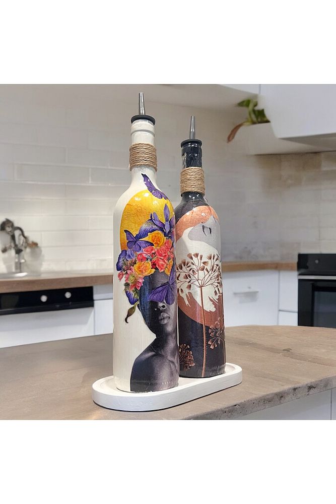 Renkli Kadın Tasarımlı 750 ml Zeytinyağı Sıvıyağ Şişesi Yağdanlık Yağlık Sirkelik Sosluk 2'li Set