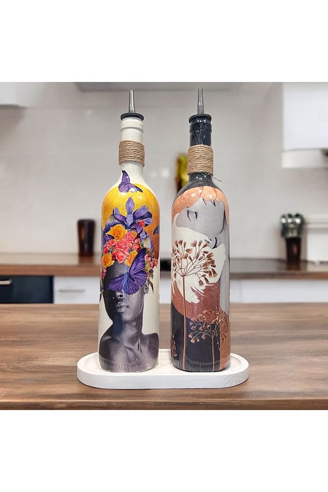 Renkli Kadın Tasarımlı 750 ml Zeytinyağı Sıvıyağ Şişesi Yağdanlık Yağlık Sirkelik Sosluk 2'li Set