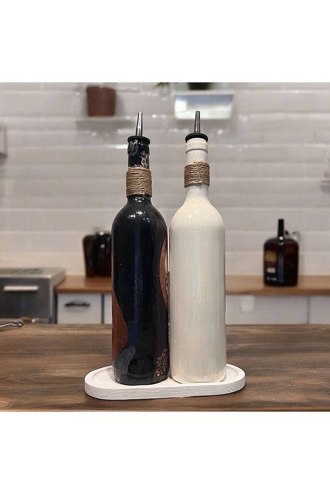 Renkli Kadın Tasarımlı 750 ml Zeytinyağı Sıvıyağ Şişesi Yağdanlık Yağlık Sirkelik Sosluk 2'li Set
