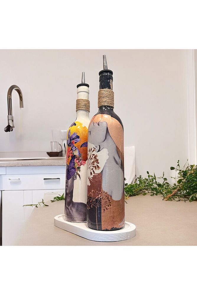 Renkli Kadın Tasarımlı 750 ml Zeytinyağı Sıvıyağ Şişesi Yağdanlık Yağlık Sirkelik Sosluk 2'li Set