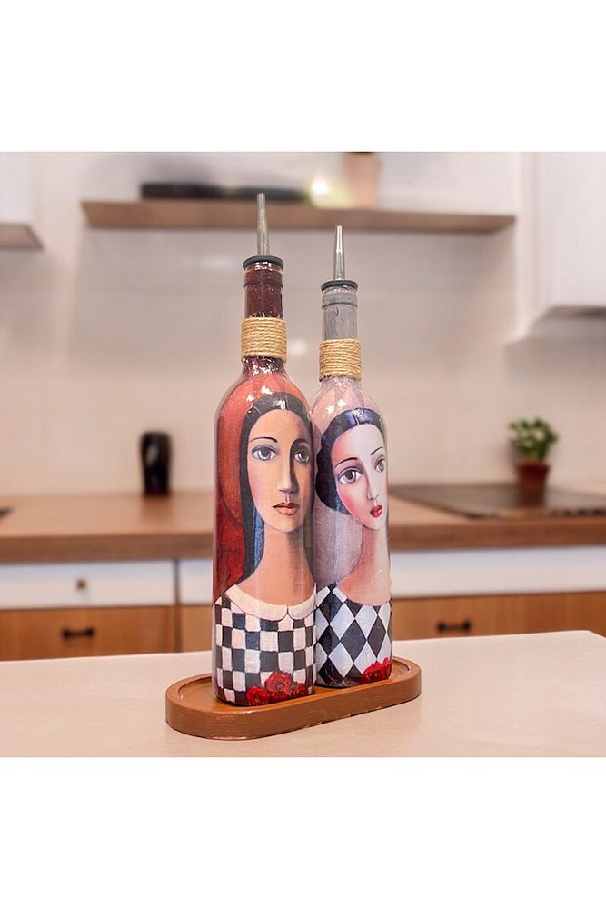 El Yapımı Ekoseli Kadın 750 ml Zeytinyağı Sıvıyağ Şişesi Yağdanlık Yağlık Sirkelik Sosluk 2'li Set