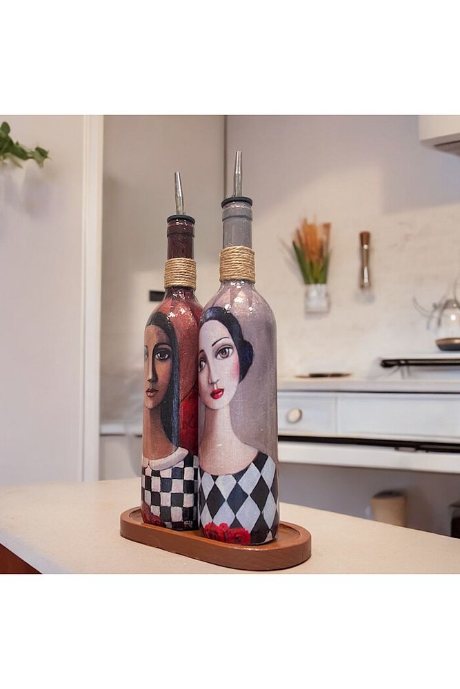 El Yapımı Ekoseli Kadın 750 ml Zeytinyağı Sıvıyağ Şişesi Yağdanlık Yağlık Sirkelik Sosluk 2'li Set