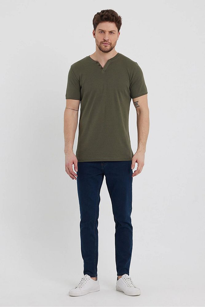 Erkek Rahat Kalıp Patlı Düğmeli Likralı Bisiklet Yaka Pamuklu T-shirt
